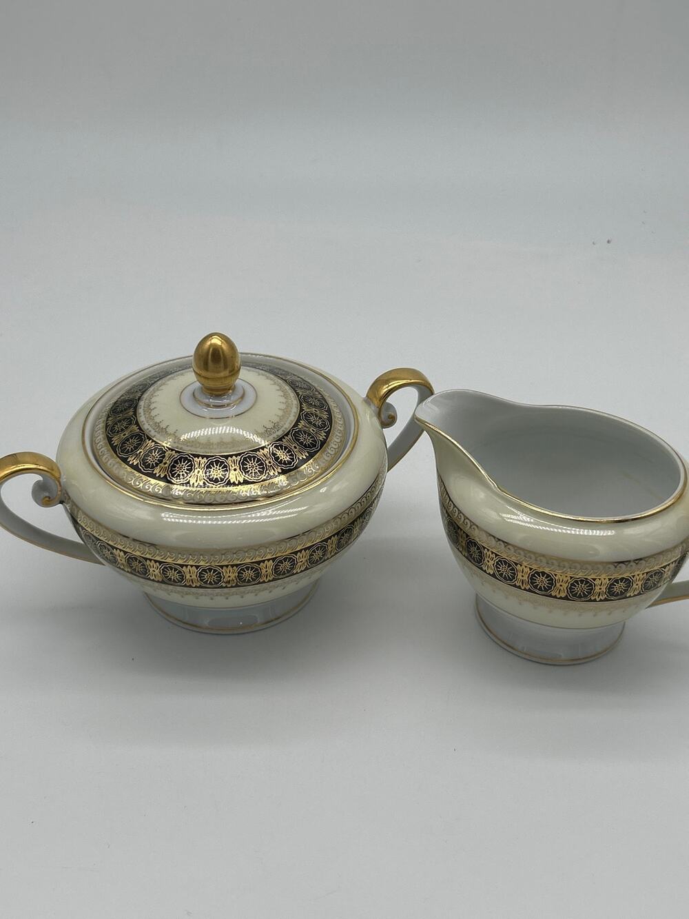 Vintage Albion China Sugar Bowl & Creamer Set Black Gold Band Made in Japan